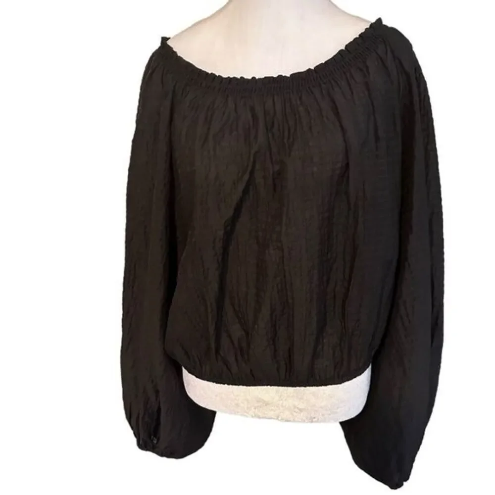 Free People Blouse Black S Womens Off Shoulder Balloon Sleeve Tie Back Oversized
